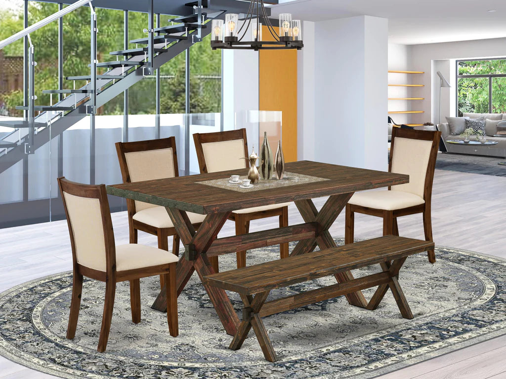 East West Furniture X776MZN32-6 6 Piece Dinette Set Contains a Rectangle Dining Table with X-Legs and 4 Light Beige Linen Fabric Parson Chairs with a Bench, 36x60 Inch, Multi-Color