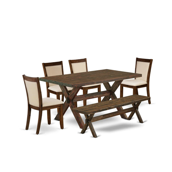 East West Furniture X776MZN32-6 6 Piece Dinette Set Contains a Rectangle Dining Table with X-Legs and 4 Light Beige Linen Fabric Parson Chairs with a Bench, 36x60 Inch, Multi-Color