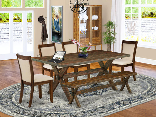 East West Furniture X777MZN32-6 6 Piece Dining Table Set Contains a Rectangle Kitchen Table with X-Legs and 4 Light Beige Linen Fabric Parson Chairs with a Bench, 40x72 Inch, Multi-Color