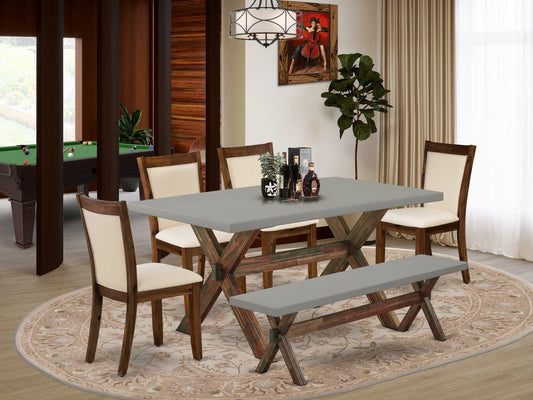 East West Furniture X796MZN32-6 6 Piece Dining Set Contains a Rectangle Dining Room Table with X-Legs and 4 Light Beige Linen Fabric Parson Chairs with a Bench, 36x60 Inch, Multi-Color