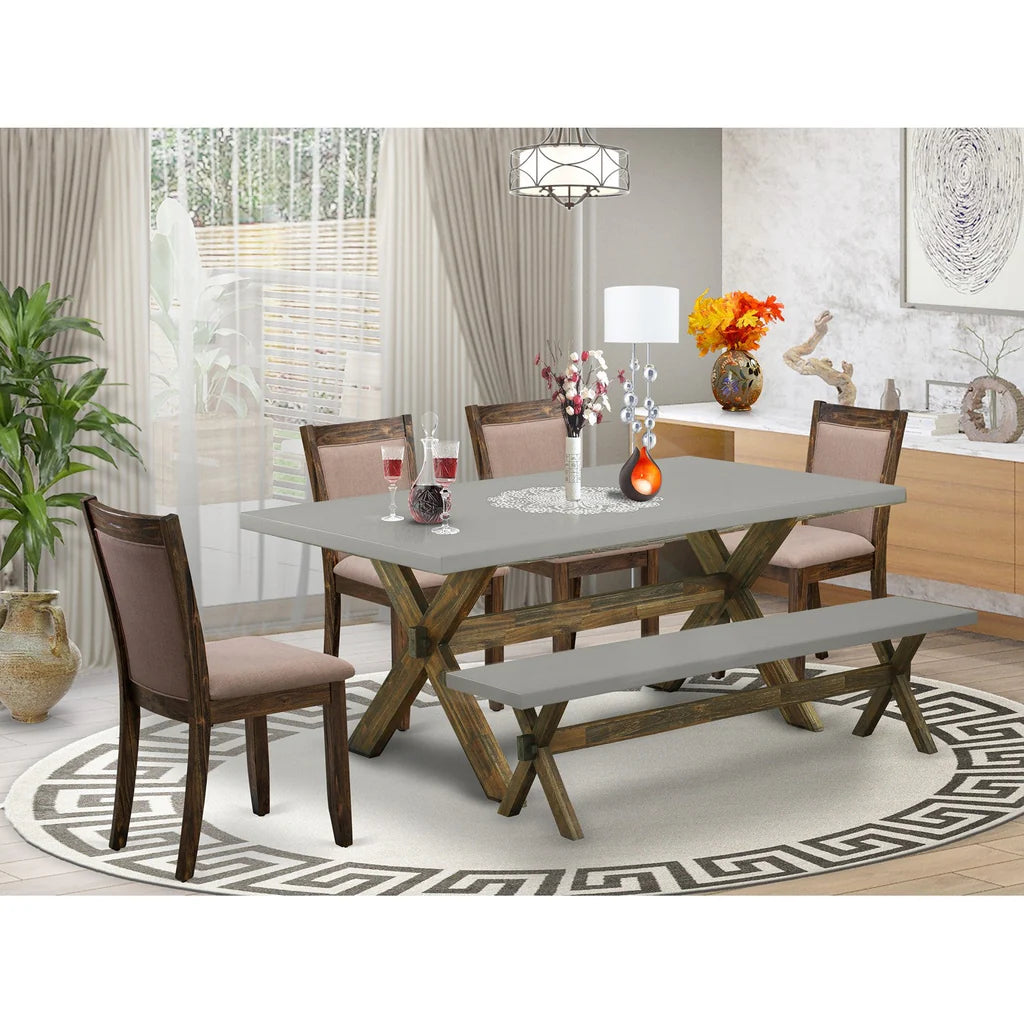 East West Furniture X797MZ748-6 6 Piece Dinette Set Contains a Rectangle Dining Table with X-Legs and 4 Coffee Linen Fabric Parson Chairs with a Bench, 40x72 Inch, Multi-Color