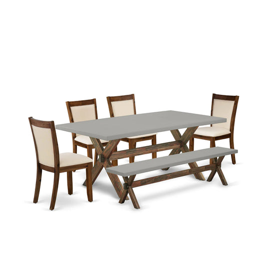 East West Furniture X797MZN32-6 6 Piece Dining Set Contains a Rectangle Dining Room Table with X-Legs and 4 Light Beige Linen Fabric Upholstered Chairs with a Bench, 40x72 Inch, Multi-Color